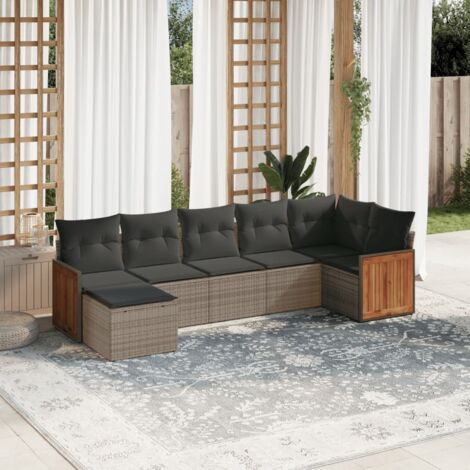 Salon de Jardin 7 Pièces en Résine Tressée avec Coussins Gris - Canapé d'Angle, Sièges, Table et Pouf