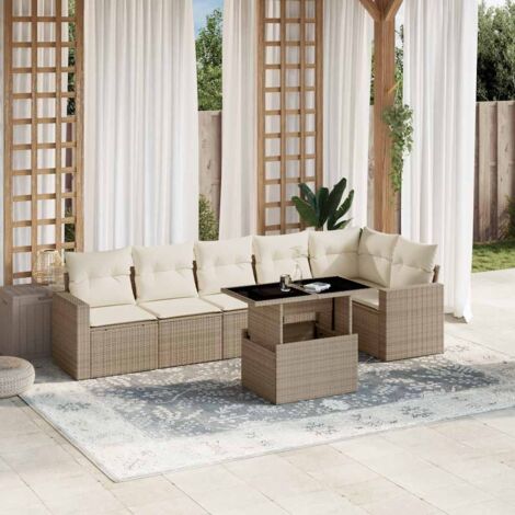 Salon de jardin 7 pièces en résine tressée beige avec coussins crème lavables et table réglable 100x55 cm
