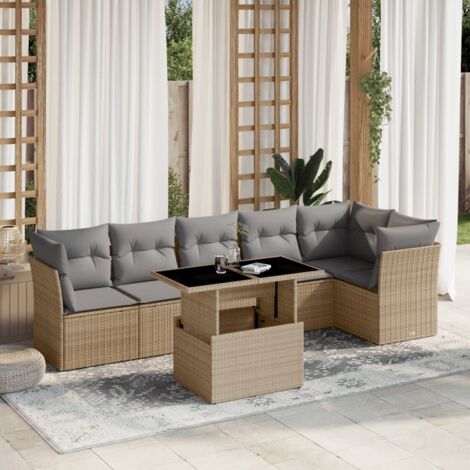 Salon de jardin 7 pièces en résine tressée beige avec coussins gris lavables, table réglable 100x55 cm, siège modulaire