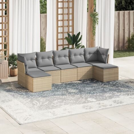 Salon de jardin 7 pièces en résine tressée beige avec coussins gris – modulable, UV résistant, charge 110 kg