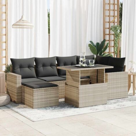 Salon de jardin 7 pièces en résine tressée gris clair avec coussins et rangement