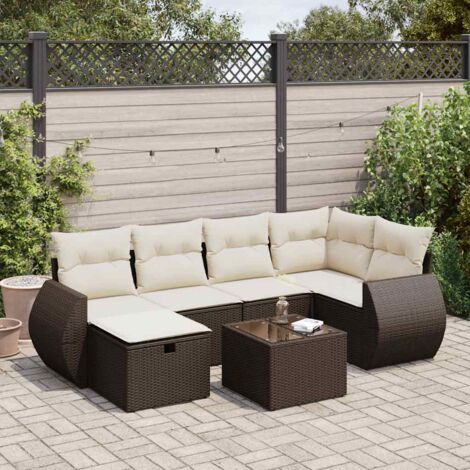 Salon de Jardin 7 Pièces en Résine Tressée Marron avec Coussins Crème, Table et Rangement Modulaire pour Terrasse, Jardin ou Patio