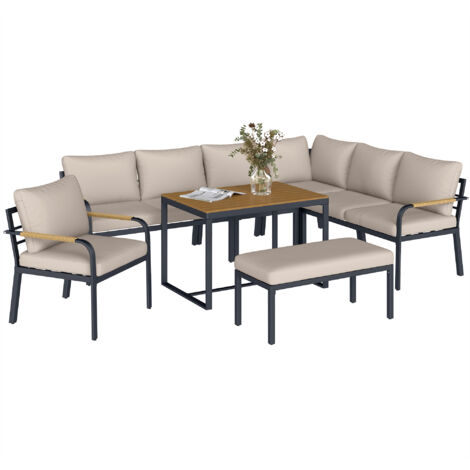 Salon de Jardin 7 Pièces Ensemble Canapé d'Angle Extérieur Modulable avec Table en WPC et Pouf Beige et Gris