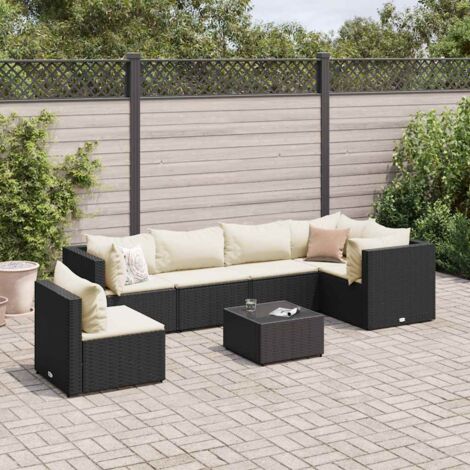 Salon de Jardin 7 Pièces Noir Résine Tressée - 6 Fauteuils avec Coussins Détachables, Table en Verre Trempé Réglable 100x55cm, Ensemble Jardin Modulaire pour Terrasse