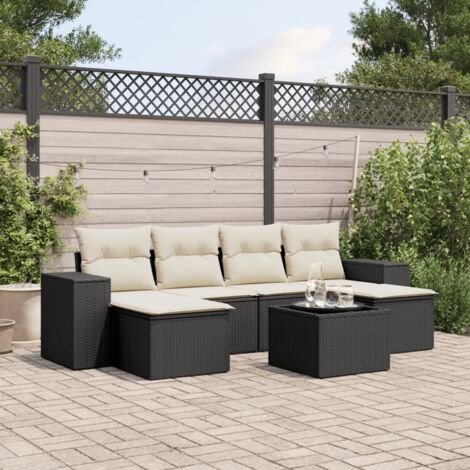 Salon de Jardin 7 Pièces Noir Résine Tressée avec Coussins Crème - Ensemble Canapé, Table et Tabourets pour Terrasse