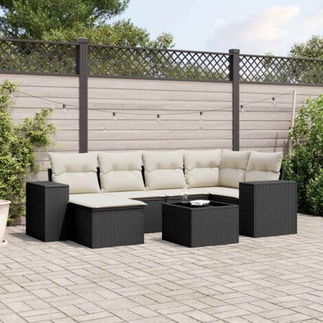 Salon de jardin 7 pièces noir résine tressée avec coussins crème - Ensemble modulaire canapé d'angle, central, accoudoirs, table et repose-pieds - Verre trempé, housses lavables, résistant aux intempé