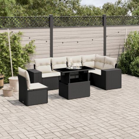 Salon de Jardin 7 Pièces Noir Résine Tressée - Ensemble Canapé d'Angle avec Table Réglable et Coussins Détachables Crème - 6 Places - Résistant aux UV