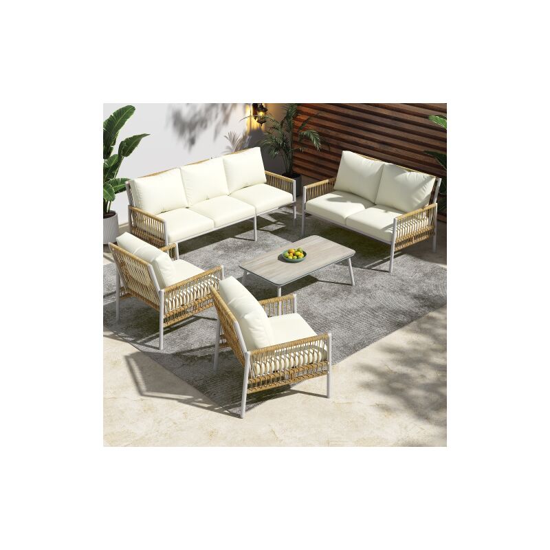 Salon de jardin 7 places, 1 table basse, coussin d'assise amovible et lavable, rotin pe, beige