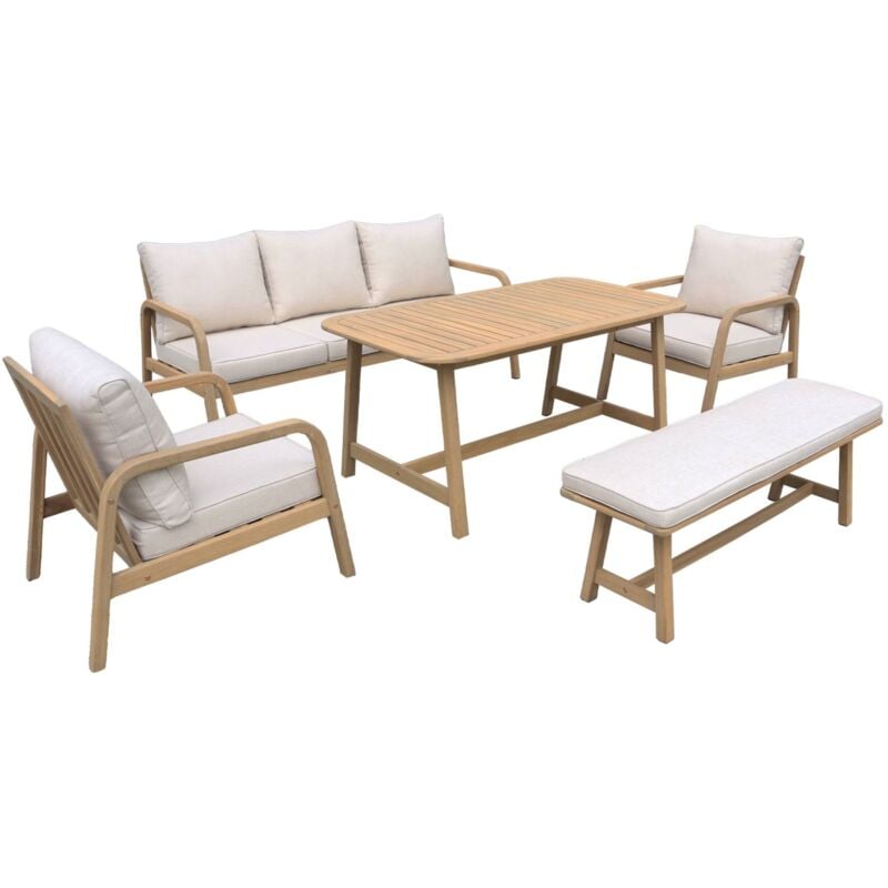 Salon de jardin 7 places carnota dining en bois d'acacia. table rectangulaire. coussins beige