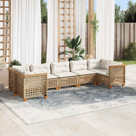 Salon de jardin 7 places en résine tressée beige avec coussins crème amovibles – Modulaire, UV résistant, acacia massif