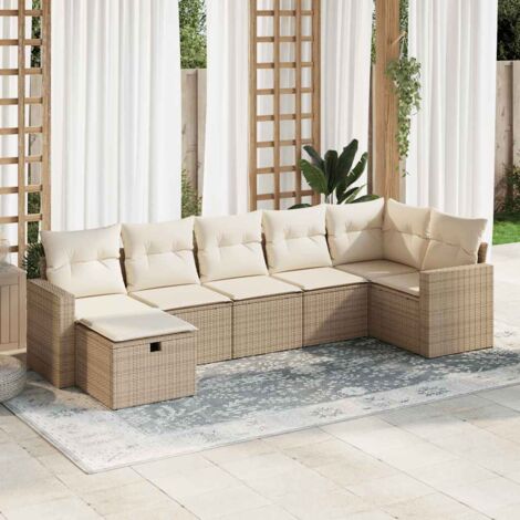 Salon de jardin 7 places en résine tressée beige avec coussins crème, rangement intégré et design modulaire