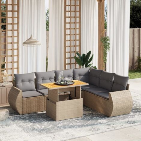Salon de jardin 7 places en résine tressée beige avec coussins gris – table réglable 100x55 cm, siège modulaire