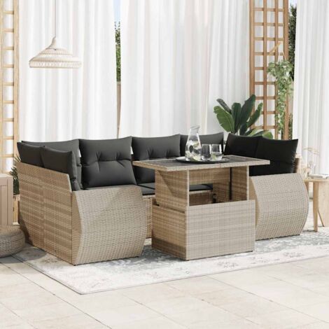 Salon de jardin 7 places en résine tressée gris clair avec coussins, rangement sous siège, table réglable et housses lavables