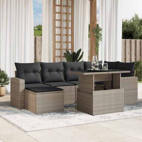 Salon de Jardin 7 Places en Résine Tressée Gris Clair - Ensemble Modulaire avec Table, Coussins Anthracite Lavables