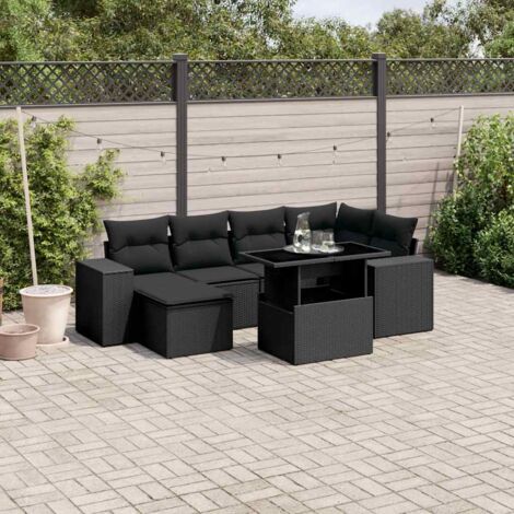Salon de jardin 7 places en résine tressée noir avec coussins blanc crème - Ensemble modulaire 6 sièges + table réglable