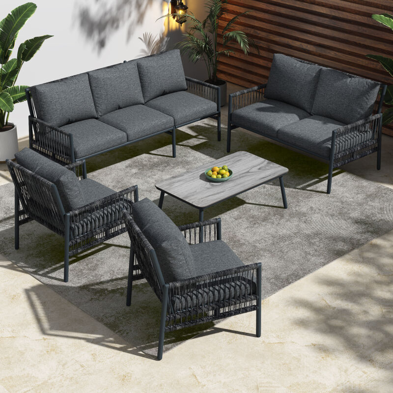 Keepbuying - Salon de jardin 7 places,Meuble d'extérieur 2 Canapés + 2 Fauteuils + Table Basse(Verre Trempé) - Rotin pe - Gris