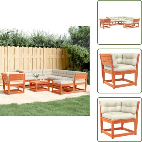 Salon de jardin 8 pcs avec coussins cire marron bois pin massif - Salon De Jardin - Mobilier Extérieur - Set De Salon - Chaise Longue - Table Basse