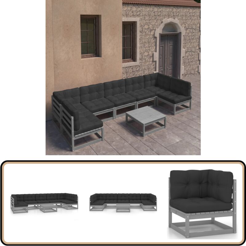 Salon de jardin 8 pcs avec coussins Gris Bois de pin massif - Salon De Jardin - Mobilier De Jardin - Salon D'extérieur - Set De Salon - Meubles De