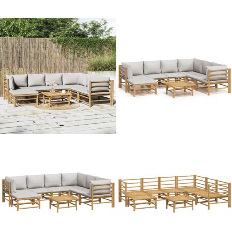 Salon de jardin 8 pcs avec coussins gris clair bambou - Salon De Jardin - Mobilier De Jardin - Ensemble De Salon - Meubles De Jardin - Bambou - Home & Living