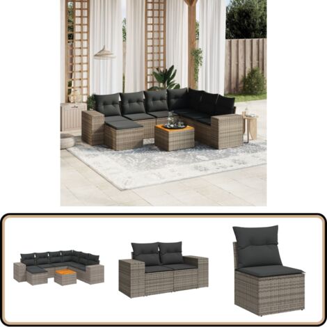 Salon de jardin 8 pcs avec coussins gris résine tressée - Ensemble Salon De Jardin - Meuble Extérieur - Jardin Design - Mobilier De Jardin - Chaise Lounge