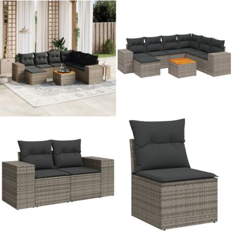 Salon de jardin 8 pcs avec coussins gris résine tressée - Ensemble Salon De Jardin - Meuble Extérieur - Jardin Design - Mobilier De Jardin - Chaise Lounge - Home & Living