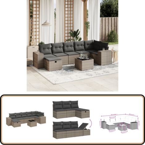 Salon de jardin 8 pcs avec coussins gris résine tressée - Ensemble Salon De Jardin - Mobilier De Jardin - Canapé D'extérieur - Set De Salon - Chaise Longue
