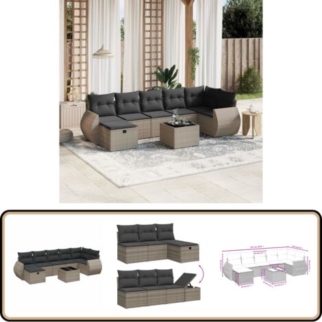 Salon de jardin 8 pcs avec coussins gris résine tressée - Ensemble Salon De Jardin - Mobilier De Jardin - Canapé D'extérieur - Set De Salon - Chaise Longue