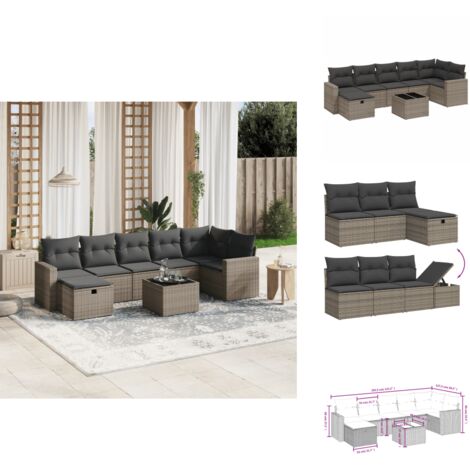 Salon de jardin 8 pcs avec coussins gris résine tressée - Ensemble Salon De Jardin - Mobilier De Jardin - Canapé D'extérieur - Set De Salon - Chaise Longue
