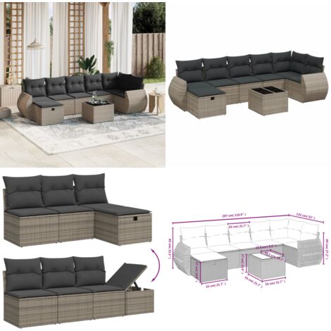 Salon de jardin 8 pcs avec coussins gris résine tressée - Ensemble Salon De Jardin - Mobilier De Jardin - Canapé D'extérieur - Set De Salon - Chaise Longue - Home & Living