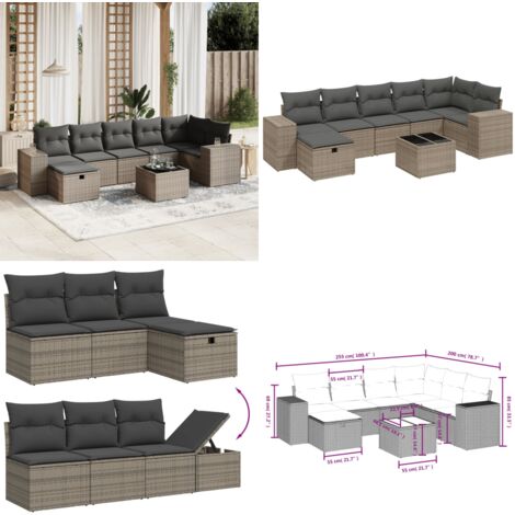 Salon de jardin 8 pcs avec coussins gris résine tressée - Ensemble Salon De Jardin - Mobilier De Jardin - Canapé D'extérieur - Set De Salon - Chaise Longue - Home & Living