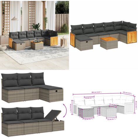 Salon de jardin 8 pcs avec coussins gris résine tressée - Ensemble Salon De Jardin - Mobilier De Jardin - Canapé Extérieur - Set De Jardin - Chaise Lounge - Home & Living