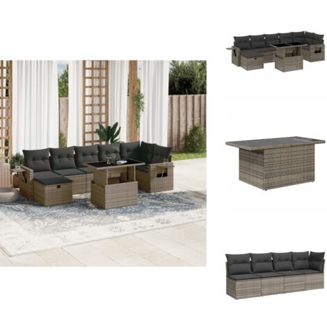 Salon de jardin 8 pcs avec coussins gris résine tressée - Ensemble Salon De Jardin - Mobilier De Jardin - Table Extensible - Chaise Pliante - Fauteuil Lounge