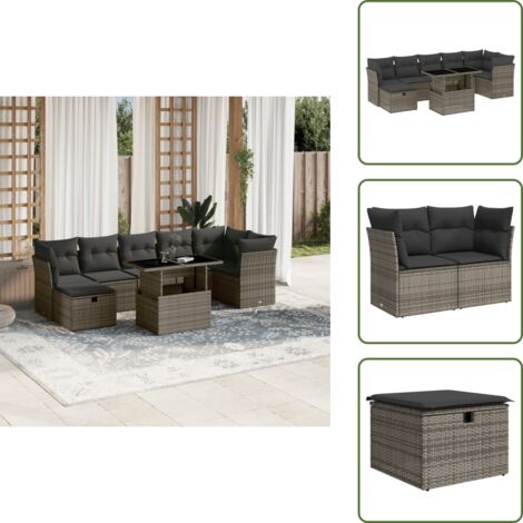 Salon de jardin 8 pcs avec coussins gris résine tressée - Ensemble Salon De Jardin - Mobilier Extérieur - Salon De Jardin Design - Table Basse Extensible - Chaise Lounge