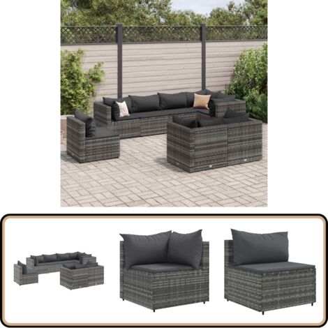 Salon de jardin 8 pcs avec coussins Gris Résine tressée - Ensemble Salon De Jardin - Salon Extérieur - Meuble De Jardin - Canapé D'angle - Canapé Extérieur
