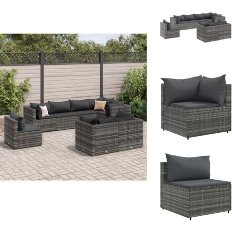 Salon de jardin 8 pcs avec coussins Gris Résine tressée - Ensemble Salon De Jardin - Salon Extérieur - Meuble De Jardin - Canapé D'angle - Canapé Extérieur