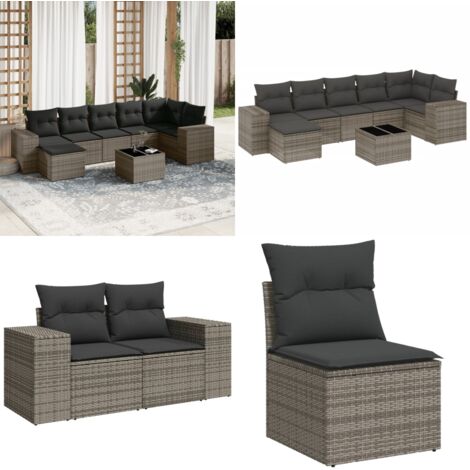 Salon de jardin 8 pcs avec coussins gris résine tressée - Ensemble Salon Jardin - Meuble Jardin - Résine Tressée - Rotin Synthétique - Mobilier Exterieur - Home & Living