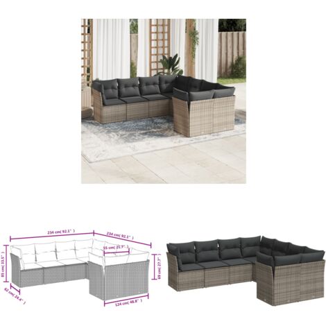 Salon de jardin 8 pcs avec coussins gris résine tressée - Salon De Jardin - Canapé Extérieur - Meuble De Jardin - Set Salon De Jardin - Résine Tressée - Home & Living