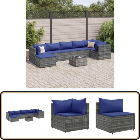 Salon de jardin 8 pcs avec coussins Gris Résine tressée - Salon De Jardin - Meuble De Jardin - Set De Salon - Résine Tressée - Rotin Synthétique