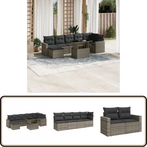Salon de jardin 8 pcs avec coussins gris résine tressée - Salon De Jardin - Meuble Extérieur - Set Salon - Résine Tressée - Rotin Synthétique