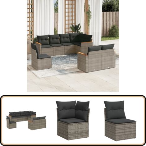 Salon de jardin 8 pcs avec coussins gris résine tressée - Salon De Jardin - Mobilier Extérieur - Meubles De Jardin - Salon D'extérieur - Set De Salon