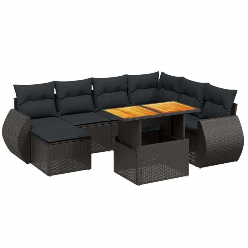 vidaXL Salon de jardin 8 pcs avec coussins noir résine tressée