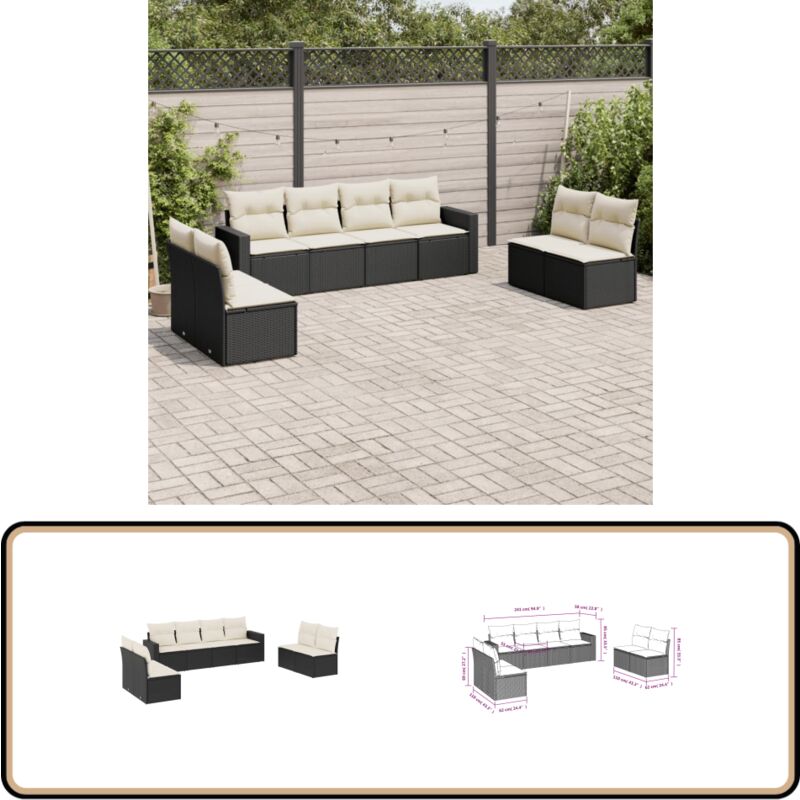 Salon de jardin 8 pcs avec coussins noir résine tressée - Canapé De Jardin - Meuble Extérieur - Salon De Jardin - Set De Jardin - Résine Tressée