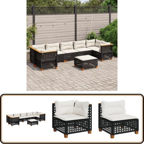 Salon de jardin 8 pcs avec coussins noir résine tressée - Ensemble Salon De Jardin - Meuble Extérieur - Résine Tressée - Canapé D'angle - Chaise Longue