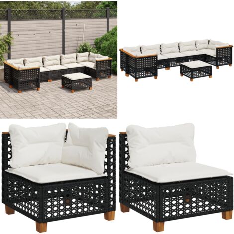 Salon de jardin 8 pcs avec coussins noir résine tressée - Ensemble Salon De Jardin - Meuble Extérieur - Résine Tressée - Canapé D'angle - Chaise Longue - Home & Living