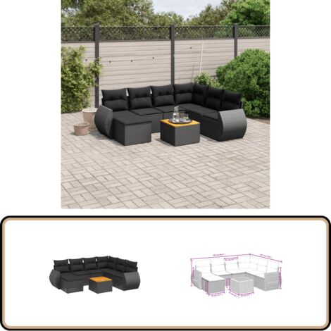 Salon de jardin 8 pcs avec coussins noir résine tressée - Ensemble Salon De Jardin - Meuble Extérieur - Résine Tressée - Rotin Synthétique - Fauteuil Jardin