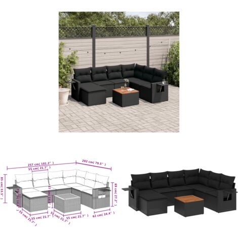 Salon de jardin 8 pcs avec coussins noir résine tressée - Ensemble Salon De Jardin - Meubles De Jardin - Salon Extérieur - Set De Jardin - Chaise Lounge - Home & Living