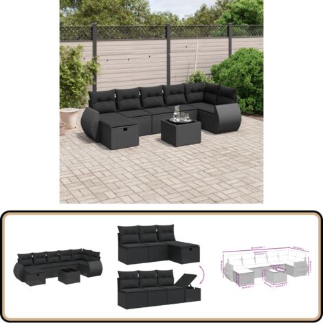 Salon de jardin 8 pcs avec coussins noir résine tressée - Ensemble Salon De Jardin - Mobilier De Jardin - Canapé D'extérieur - Chaise Longue - Set Salon Exterieur