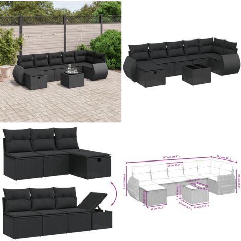 Salon de jardin 8 pcs avec coussins noir résine tressée - Ensemble Salon De Jardin - Mobilier De Jardin - Canapé D'extérieur - Chaise Longue - Set Salon Exterieur - Home & Living
