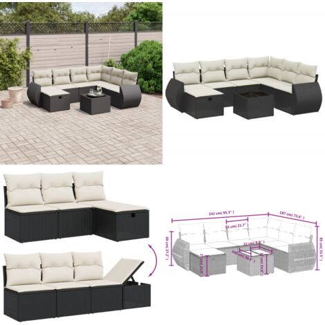 Salon de jardin 8 pcs avec coussins noir résine tressée - Ensemble Salon De Jardin - Mobilier De Jardin - Canapé D'extérieur - Set De Salon - Chaise Longue - Home & Living