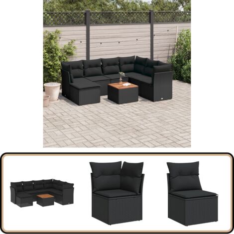 Salon de jardin 8 pcs avec coussins noir résine tressée - Ensemble Salon De Jardin - Mobilier De Jardin - Canapé Extérieur - Set De Jardin - Chaise Lounge